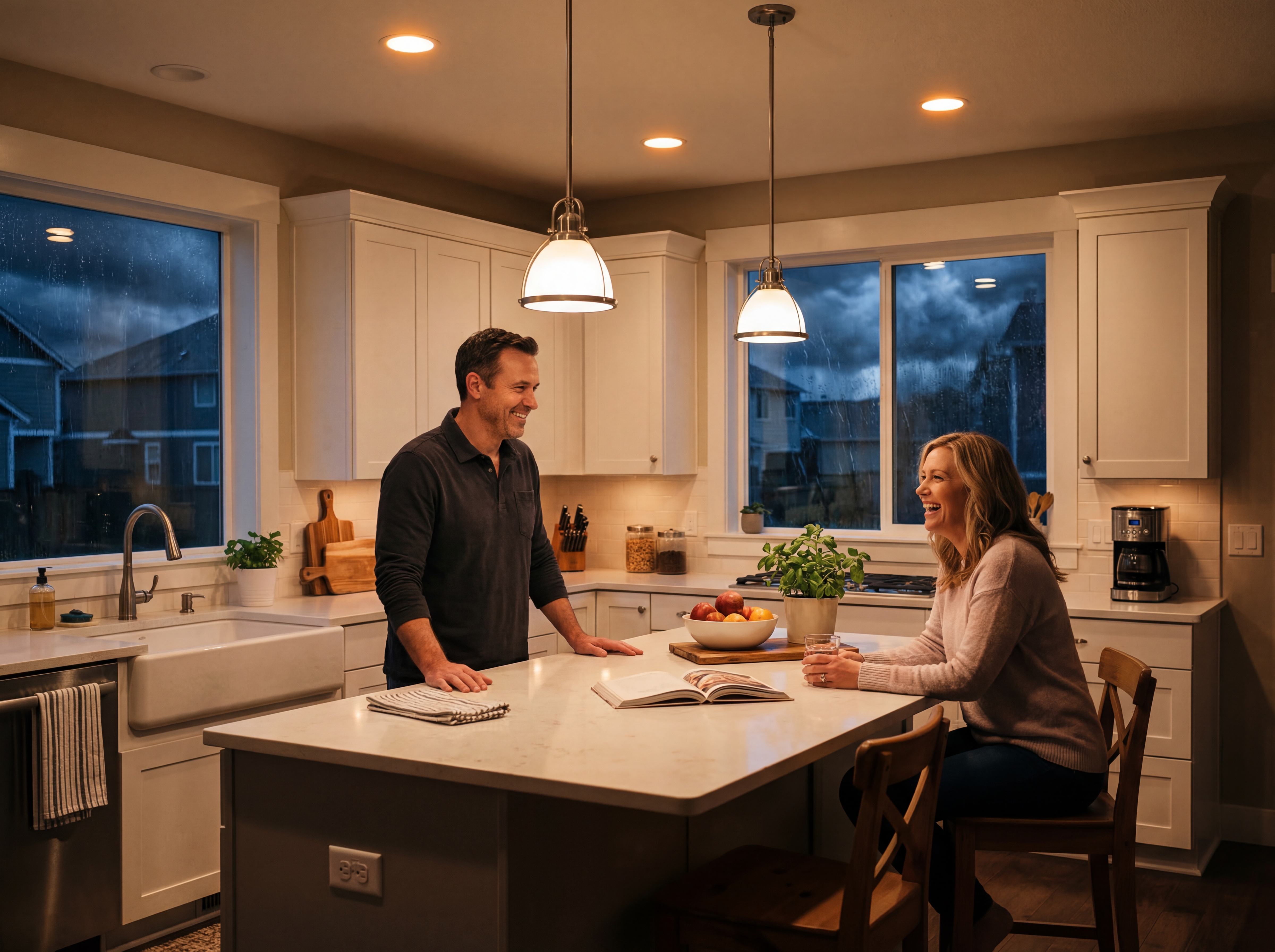 Family at home with lights on during storm, generator powered