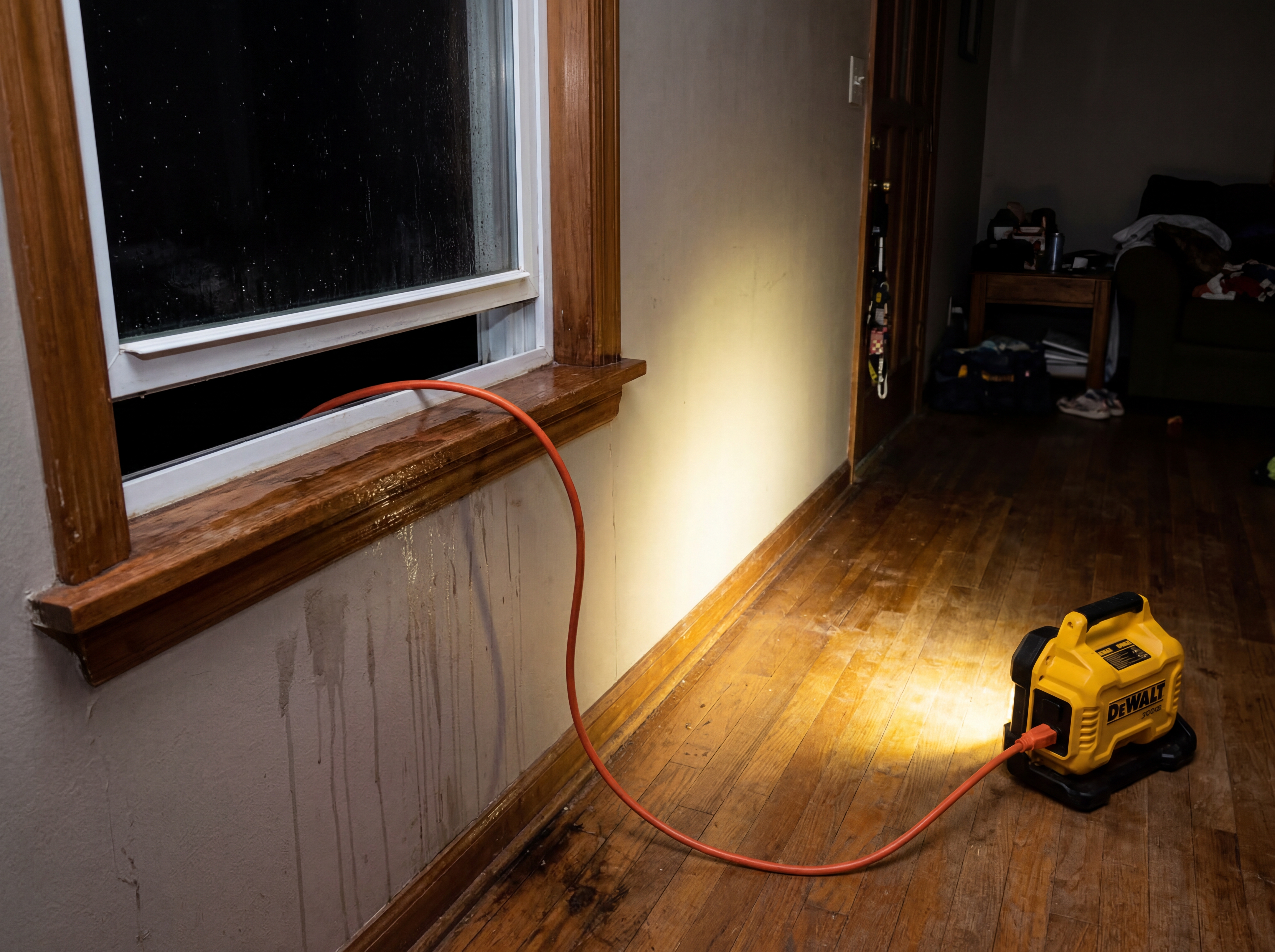 Extension cord running under window during power outage